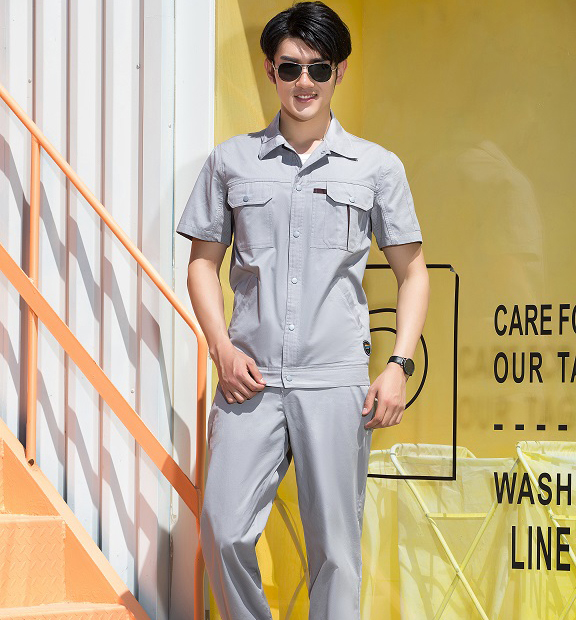 夏季灰色配咖啡色纯棉短袖工作服-SYX201