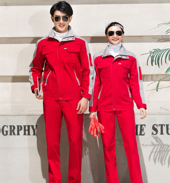春秋季节红色男女同款翻领全棉工作服套装-YSC326#