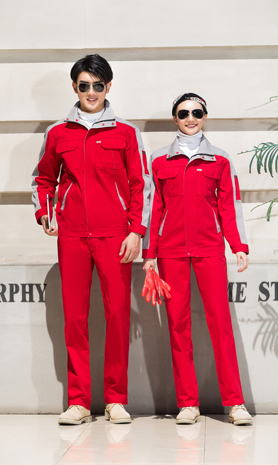 春秋季节红色男女同款翻领全棉工作服套装-YSC326#